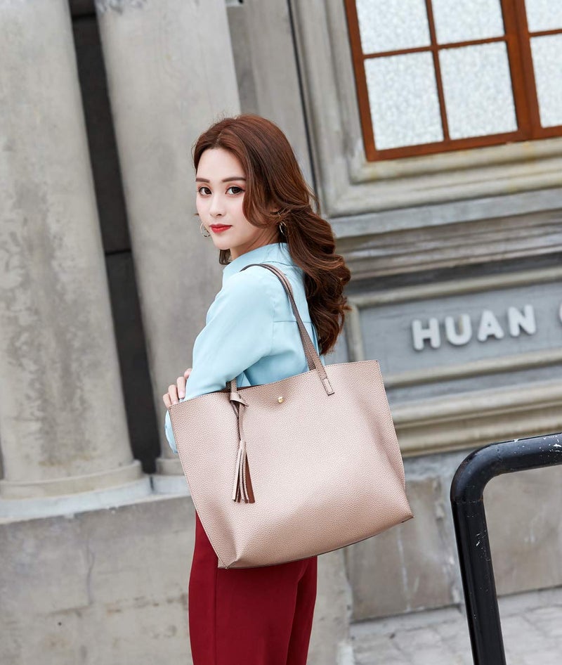 Dreubea Women's Soft Faux Leather Tote Shoulder Bag from, Big Capacity Tassel Handbag Bronze - Image 5